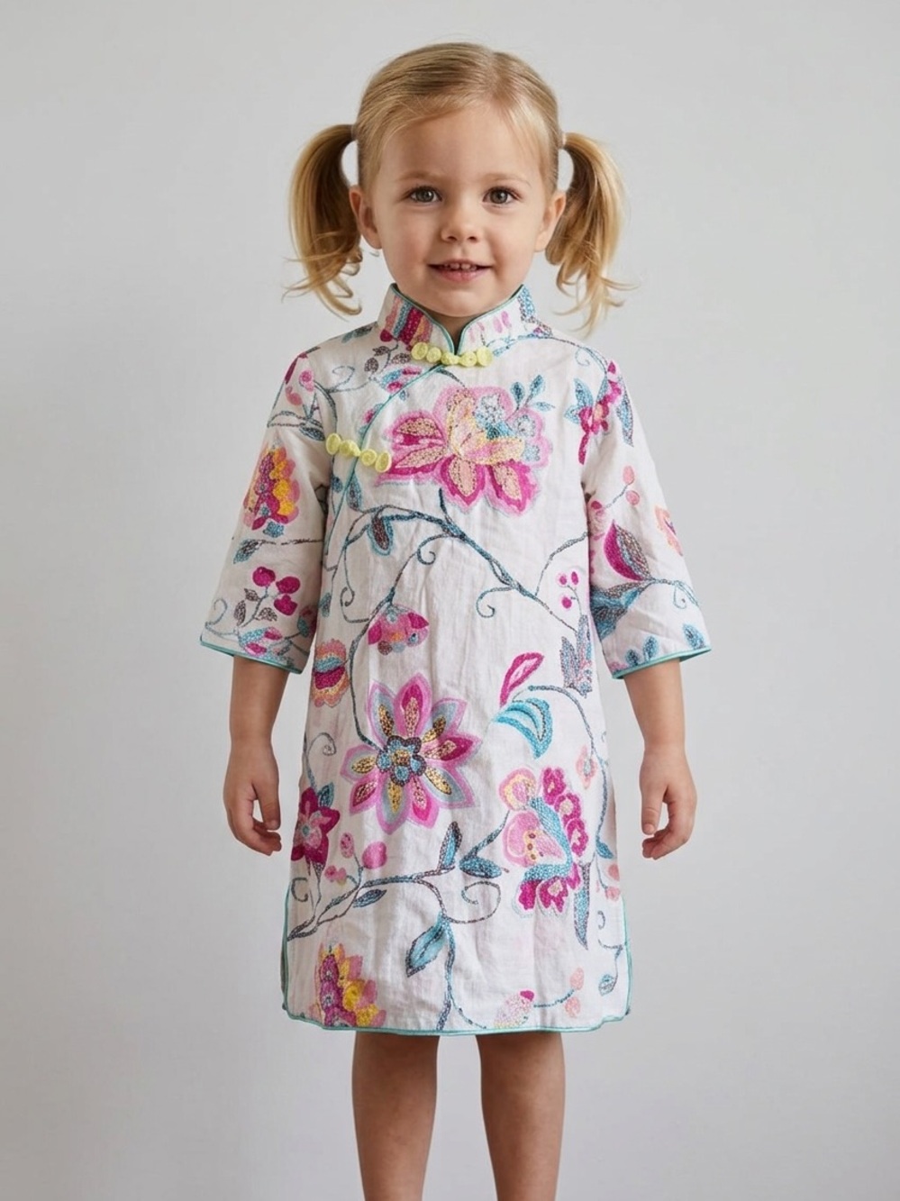 Girls White Floral Embroidered Hemp Cotton Mandarin Collar Dress Approx 2T-4T